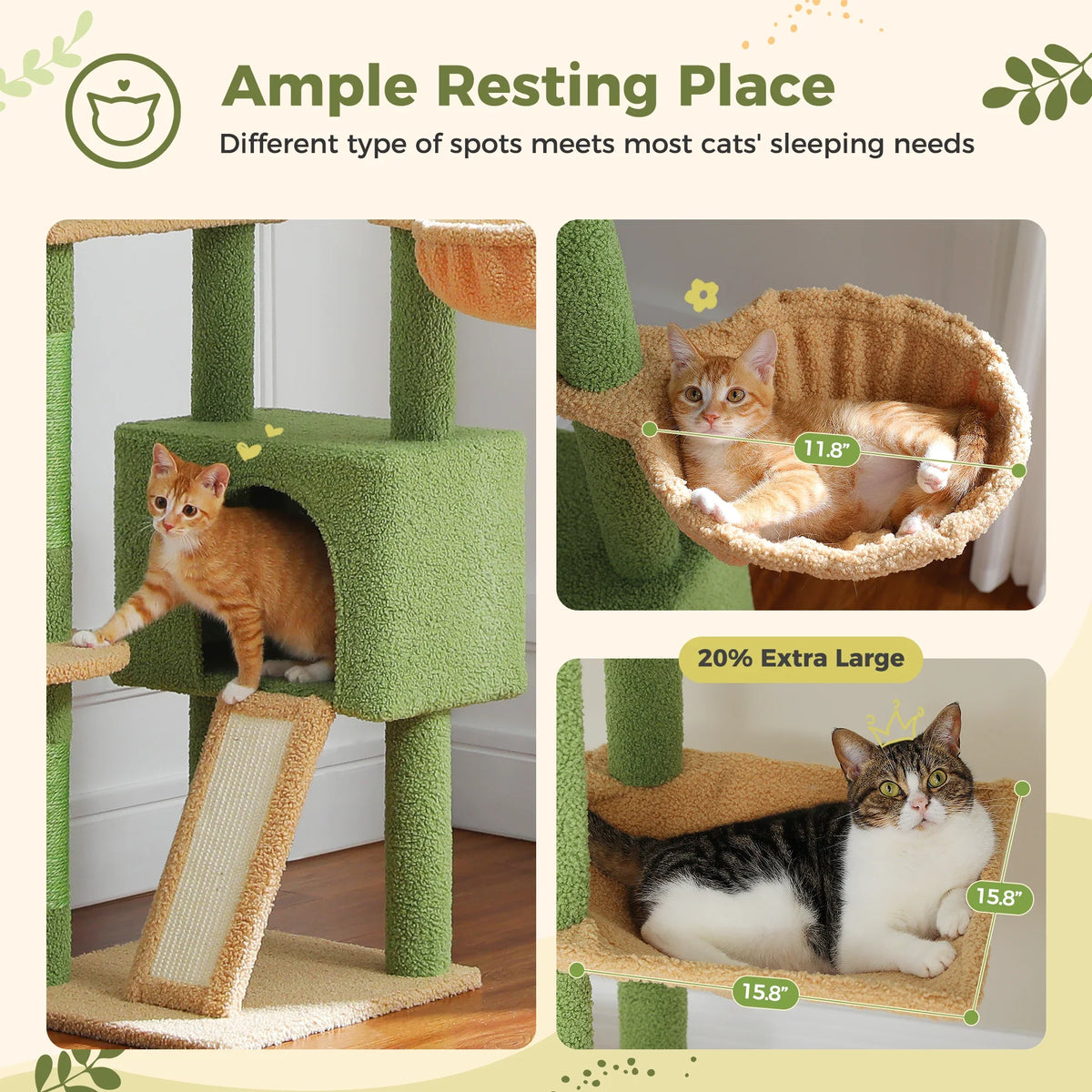 Floor-to-Ceiling Cactus Cat Tree, Adjustable 90.5–100.4 in Tower with Condo, Hammock and Scratching Post - product view 5
