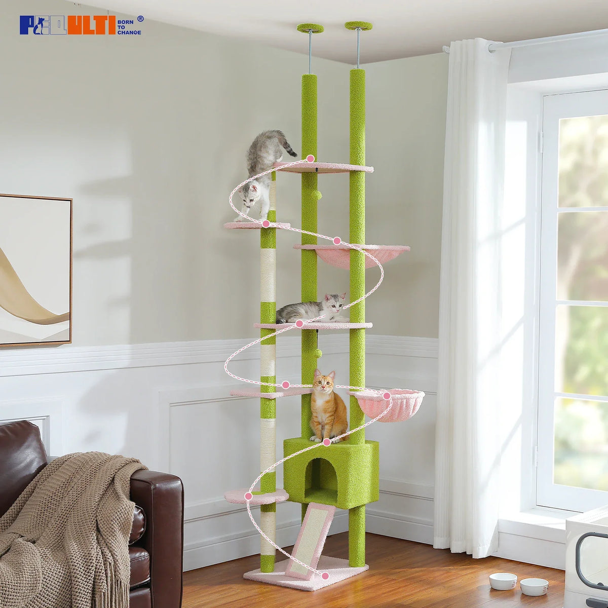 Floor-to-Ceiling Cactus Cat Tree, Adjustable 90.5–100.4 in Tower with Condo, Hammock and Scratching Post - product view 6