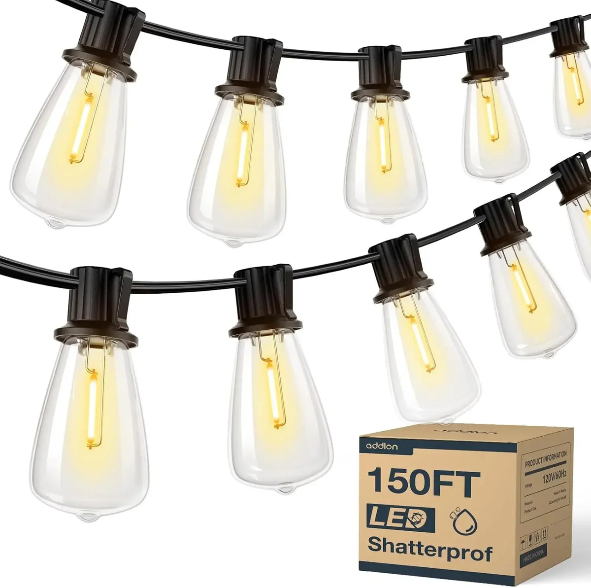 Outdoor LED String Lights, AC-Powered Ball-Shaped Beads, Shatterproof PET Bulbs, Dimmable 5–100%, 50FT–200FT Options - product view 3