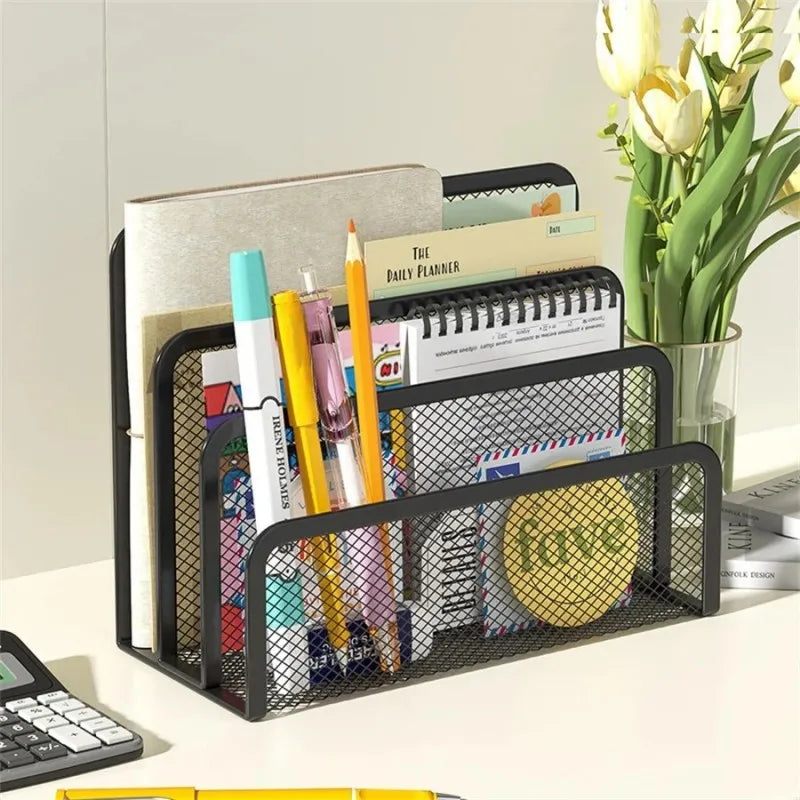 3-Layer Black Metal Mesh Desk Organizer, Notebook Stand Rack for Papers, Magazines, Documents and Books - product view 4