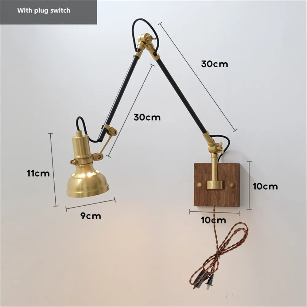 Adjustable Swing Arm Wall Sconce, Plug-In LED E27 Lamp, Knob or Paddle Switch, Modern Copper Lighting for Bedroom - product view 1