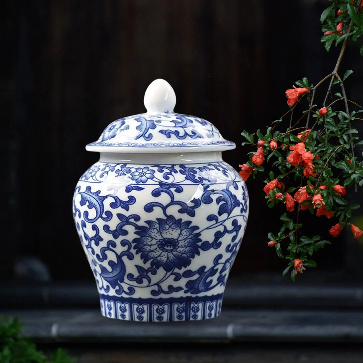 Blue and White Ceramic Ginger Jar Vase with Lid, Classic Decorative Temple Jar for Shelf, Tabletop and Centerpiece - product view 1