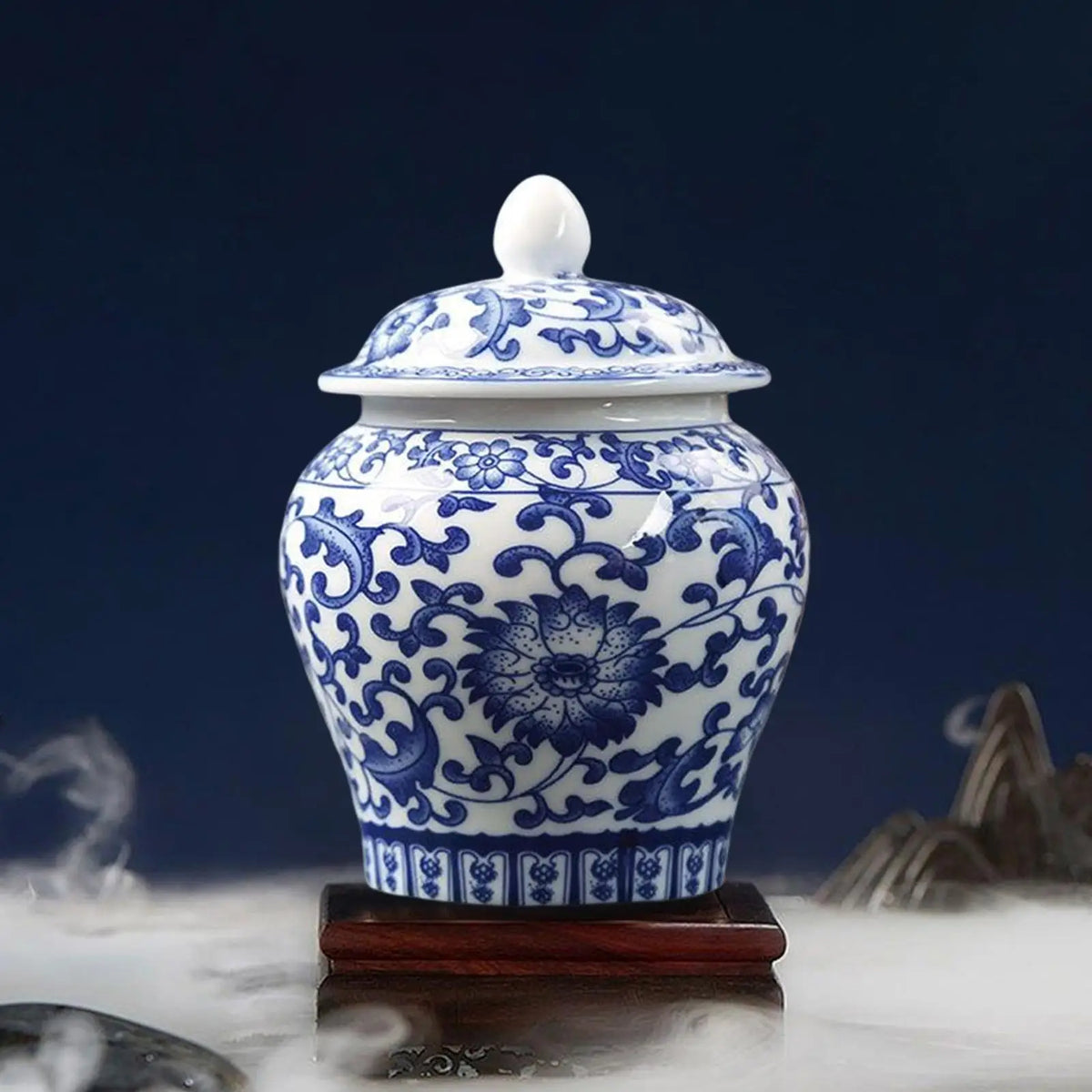 Blue and White Ceramic Ginger Jar Vase with Lid, Classic Decorative Temple Jar for Shelf, Tabletop and Centerpiece - product view 2