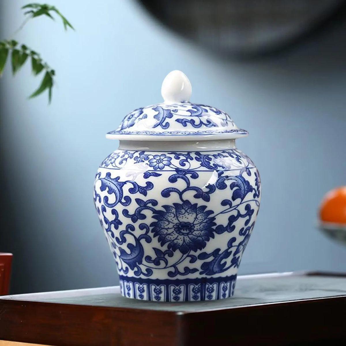 Blue and White Ceramic Ginger Jar Vase with Lid, Classic Decorative Temple Jar for Shelf, Tabletop and Centerpiece - product view 3