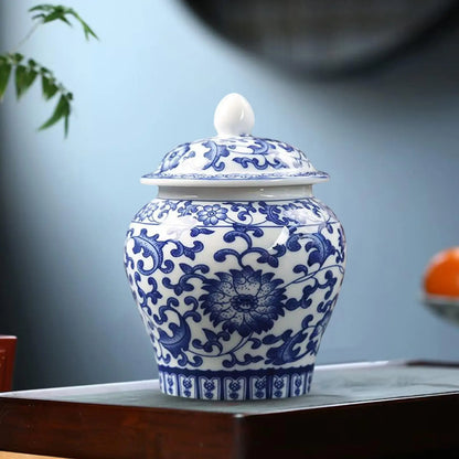 Blue and White Ceramic Ginger Jar Vase with Lid, Classic Decorative Temple Jar for Shelf, Tabletop and Centerpiece - product view 3