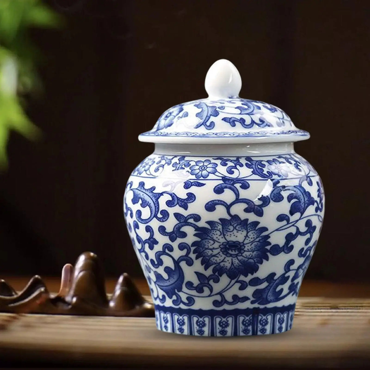 Blue and White Ceramic Ginger Jar Vase with Lid, Classic Decorative Temple Jar for Shelf, Tabletop and Centerpiece - product view 4
