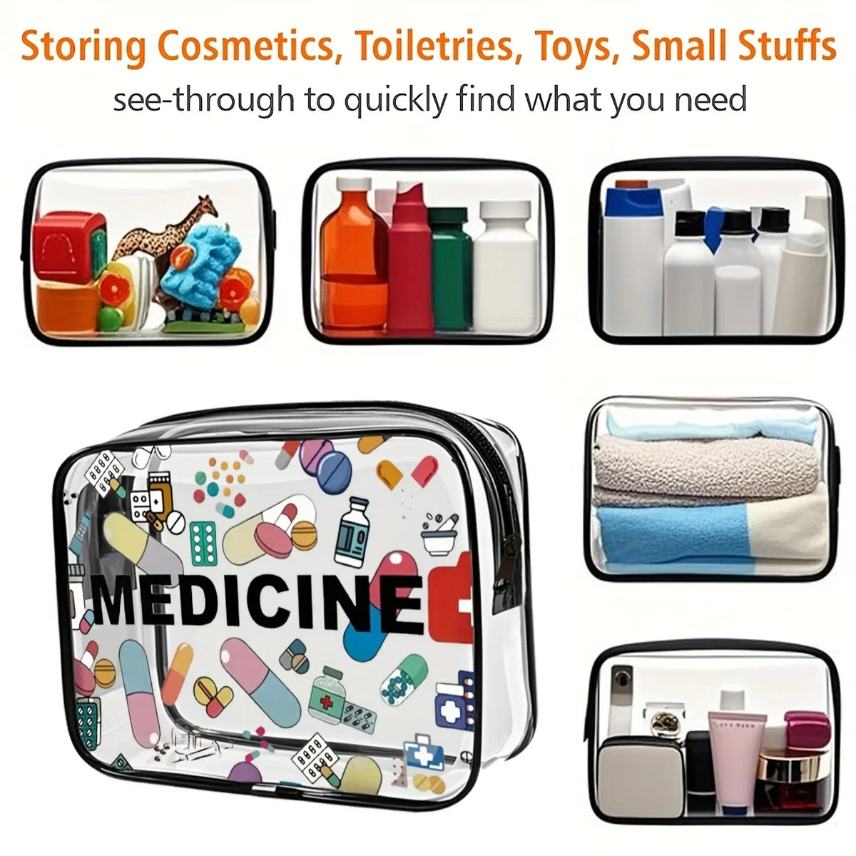 Waterproof PVC Toiletry Bag, Rectangular Travel Organizer for Cosmetics, Medicine and Multi-Purpose Storage, Style 1 - product view 2
