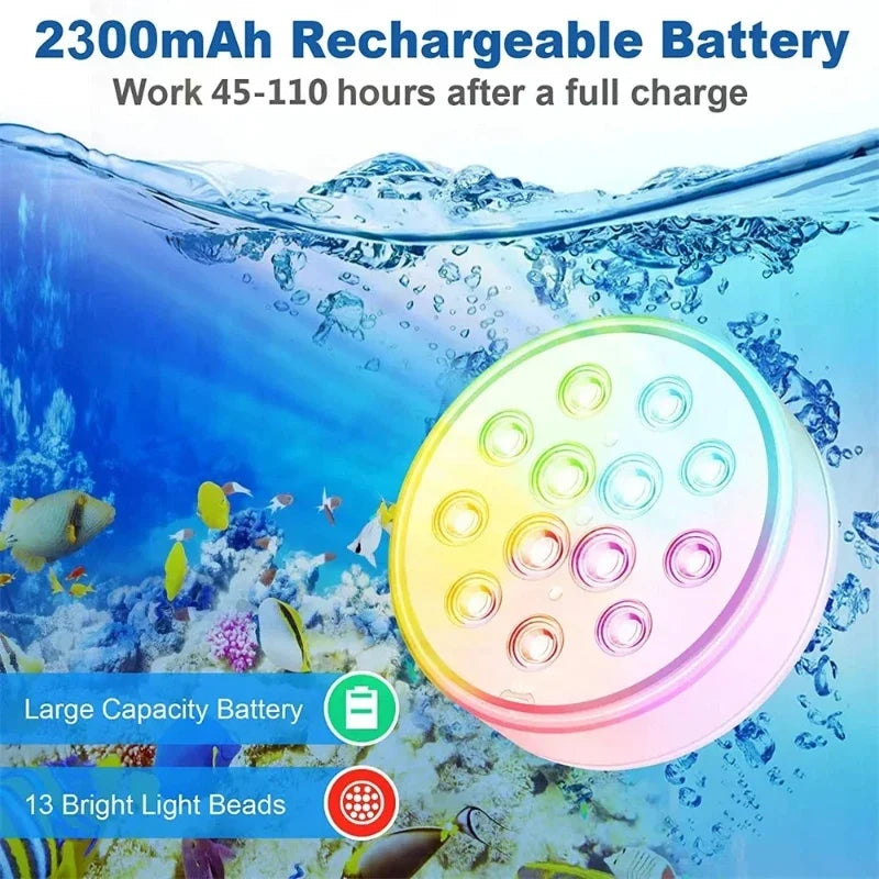 Rechargeable Submersible Pool Light, IP68 Waterproof RGB LED, 16 Colors, RF Remote, USB Charging for Pools, Ponds and Parties - product view 4