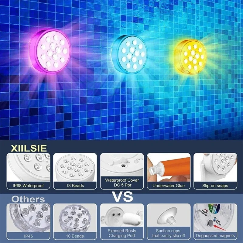 Rechargeable Submersible Pool Light, IP68 Waterproof RGB LED, 16 Colors, RF Remote, USB Charging for Pools, Ponds and Parties - product view 6