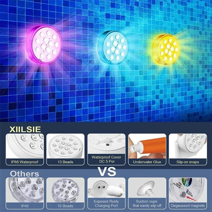 Rechargeable Submersible Pool Light, IP68 Waterproof RGB LED, 16 Colors, RF Remote, USB Charging for Pools, Ponds and Parties - product view 6
