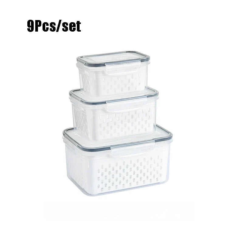 9-Piece Snack Containers for Fridge, Removable Colander, Fruit Washing Bowls, Plastic Storage Set in Grey or Blue - product view 1