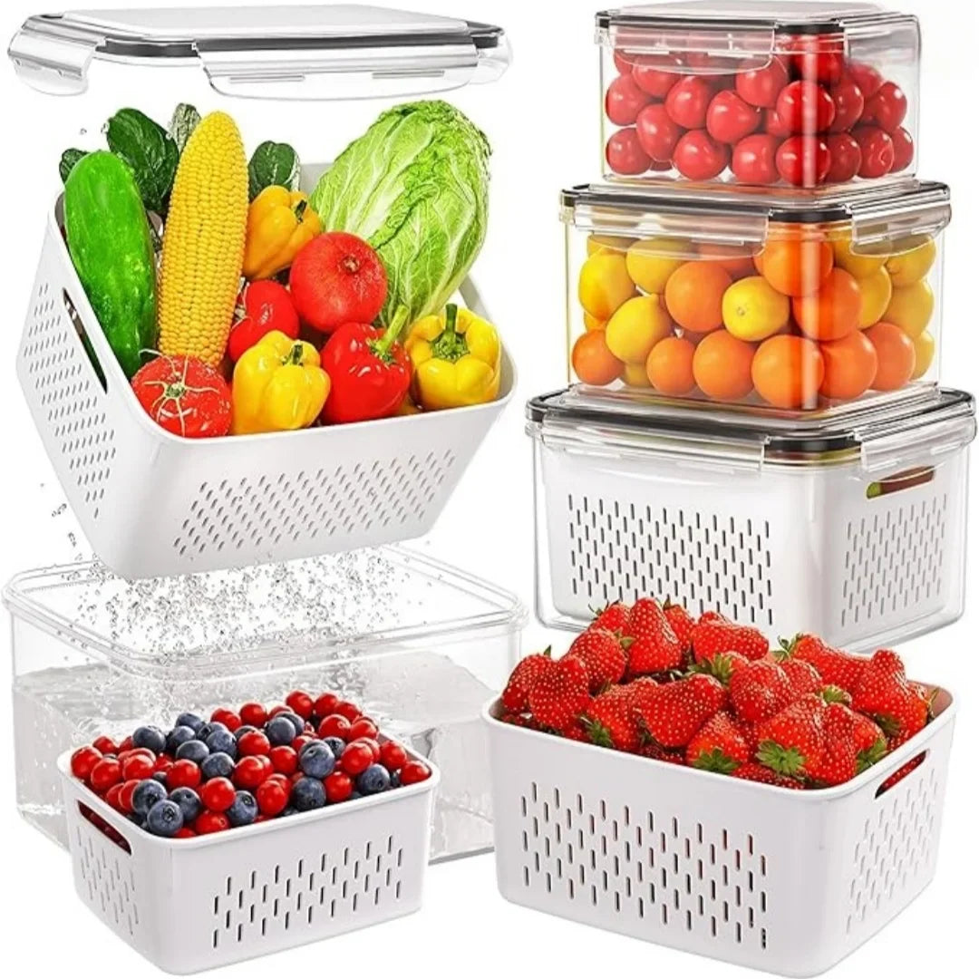 9-Piece Snack Containers for Fridge, Removable Colander, Fruit Washing Bowls, Plastic Storage Set in Grey or Blue - product view 4