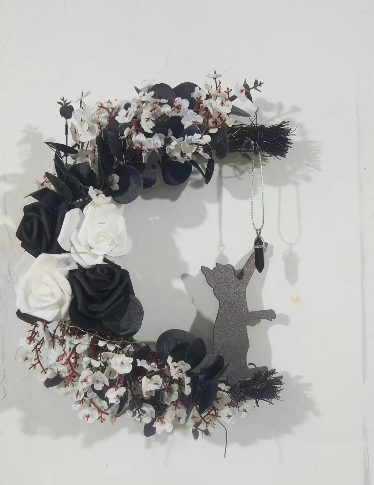 Halloween Wreath, Plastic Crescent Moon Cat Design with Rose Accents for Front Door, Window and Wall Decor - product view 1