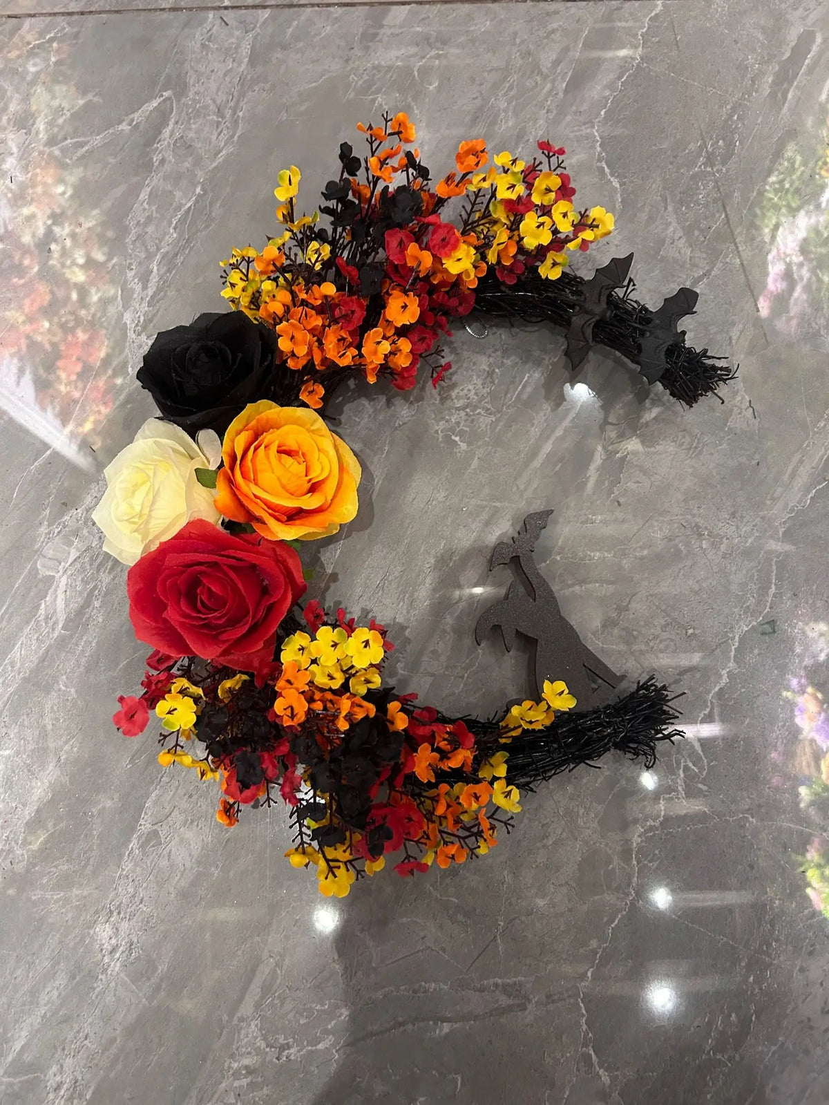 Halloween Wreath, Plastic Crescent Moon Cat Design with Rose Accents for Front Door, Window and Wall Decor - product view 3