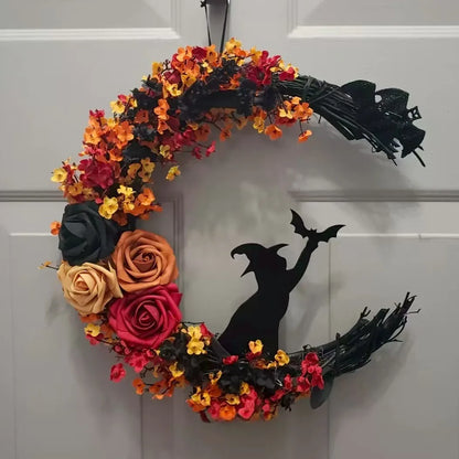 Halloween Wreath, Plastic Crescent Moon Cat Design with Rose Accents for Front Door, Window and Wall Decor - product view 4