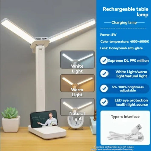 Dual-Head Rechargeable LED Desk Lamp, Foldable Contemporary Reading Light, Touch Dimming, USB Rechargeable Battery for Bedroom or Study - product view 1