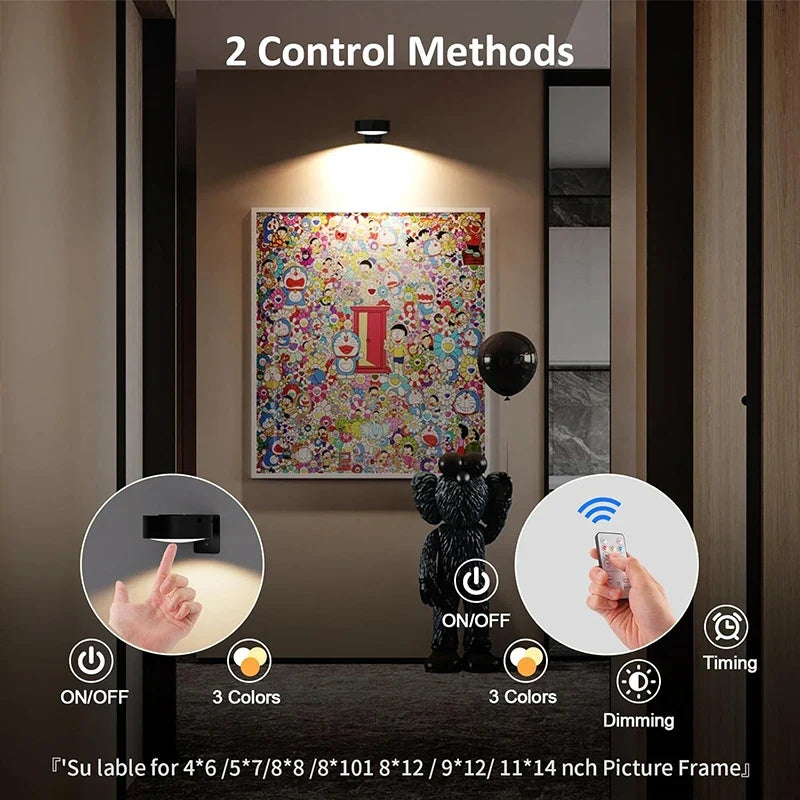 Rechargeable Picture Light, Remote and Touch Control, 3 Colors, 5 Brightness Levels, Magnetic Wall Mount, 3-Piece Set - product view 4