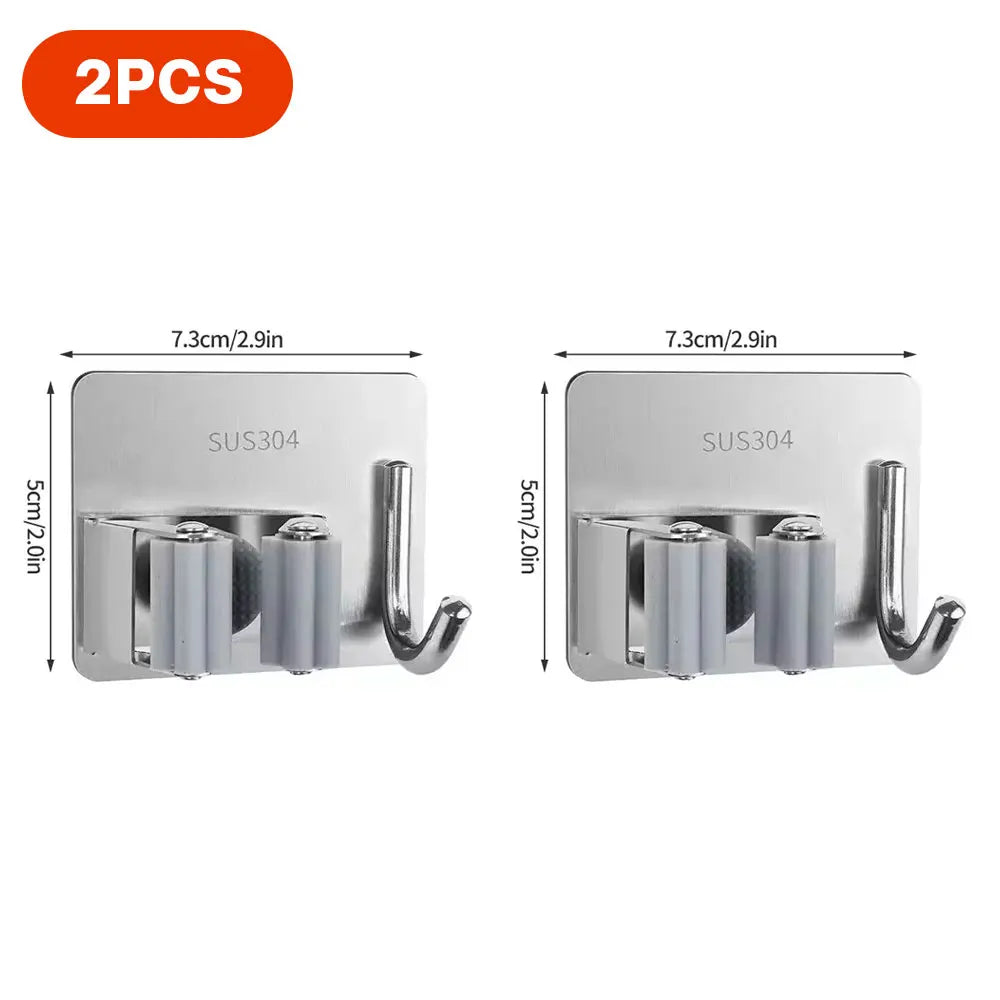 Adhesive Broom Wall Holder, Stainless Steel Mop Rack with Hooks for Cleaning Tools, Umbrellas and Bathroom Storage - product view 3