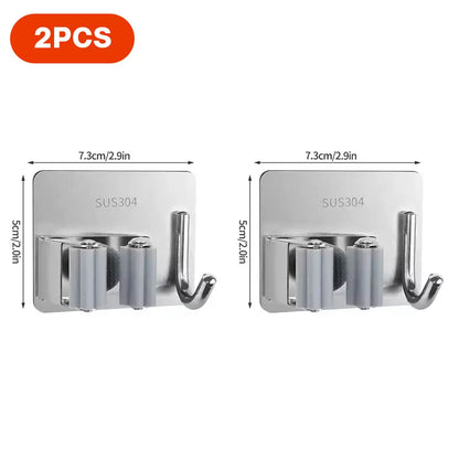Adhesive Broom Wall Holder, Stainless Steel Mop Rack with Hooks for Cleaning Tools, Umbrellas and Bathroom Storage - product view 3