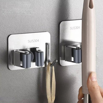 Adhesive Broom Wall Holder, Stainless Steel Mop Rack with Hooks for Cleaning Tools, Umbrellas and Bathroom Storage - product view 6