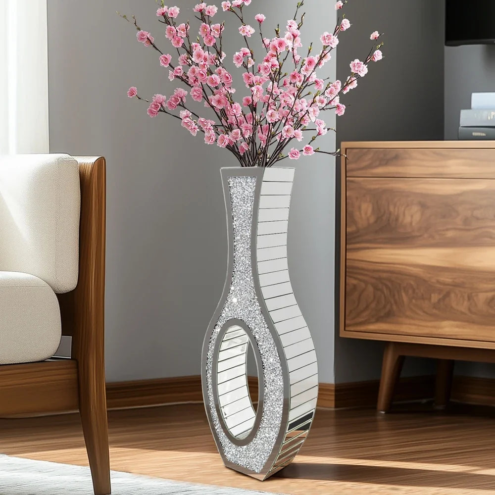Silver Crushed Diamond Floor Vase, Tall Modern Decorative Accent for Living Room, Bedroom, Dining Room and Corners - product view 2