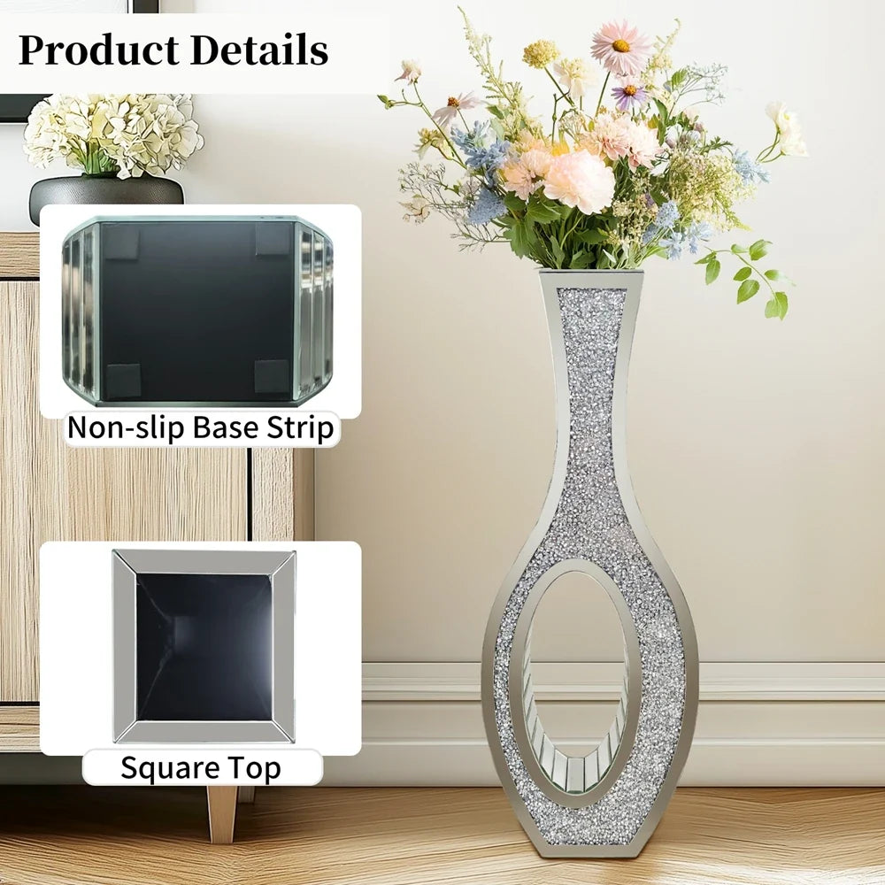 Silver Crushed Diamond Floor Vase, Tall Modern Decorative Accent for Living Room, Bedroom, Dining Room and Corners - product view 5