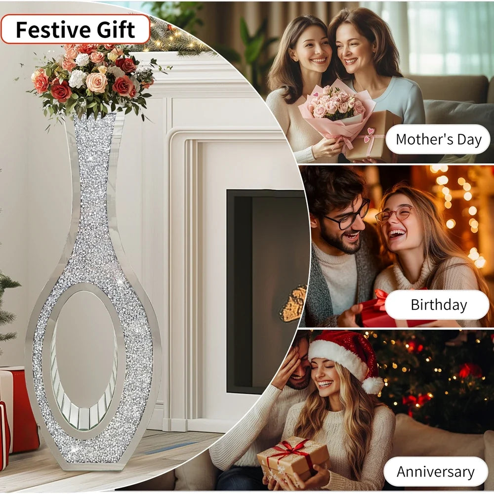 Silver Crushed Diamond Floor Vase, Tall Modern Decorative Accent for Living Room, Bedroom, Dining Room and Corners - product view 6