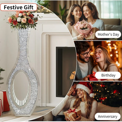 Silver Crushed Diamond Floor Vase, Tall Modern Decorative Accent for Living Room, Bedroom, Dining Room and Corners - product view 6