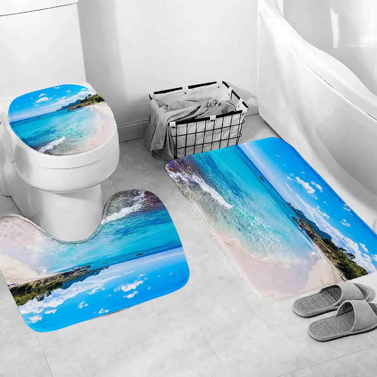 3-Piece Suede Bathroom Mat Set, Spain Rajada Floral Design, Anti-Slip Machine-Made Rugs with Toilet Cover - product view 2