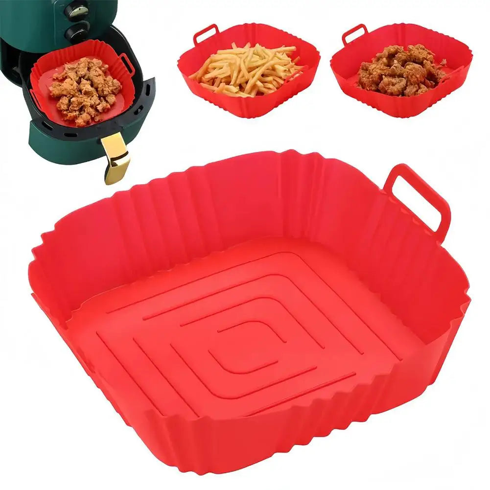 Reusable Air Fryer Liner, 22×22×5.5cm Square Basket Insert with Handles and Grooved Bottom, Gray, Red or Black - product view 4