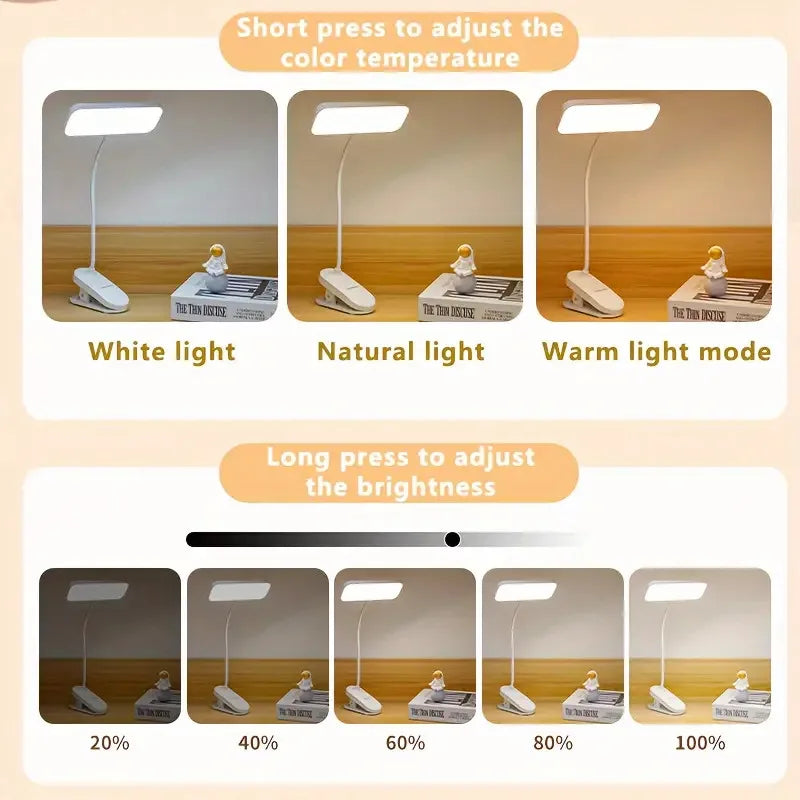 Clip-On LED Desk Lamp, Touch Dimming, 3000K–6000K Natural Light, USB 5V, Rechargeable or Plug-In - product view 4