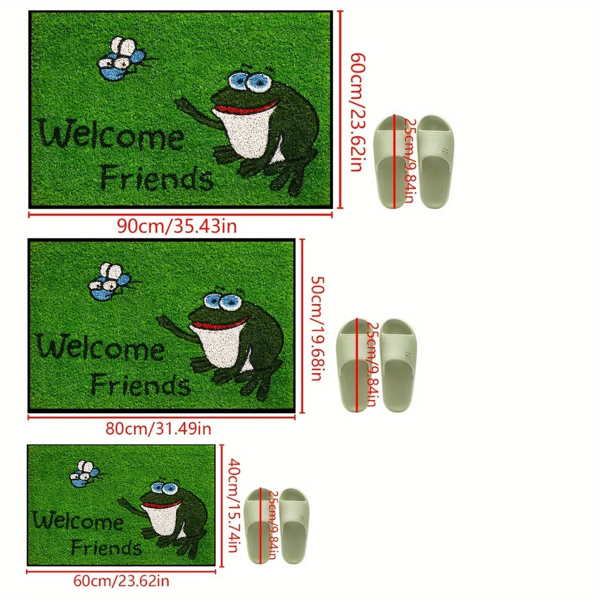 Cartoon Frog Outdoor Doormat, Green Polyester Welcome Mat, Fade-Resistant Machine-Made Rug in 40×60, 50×80 or 60×90 cm - product view 1