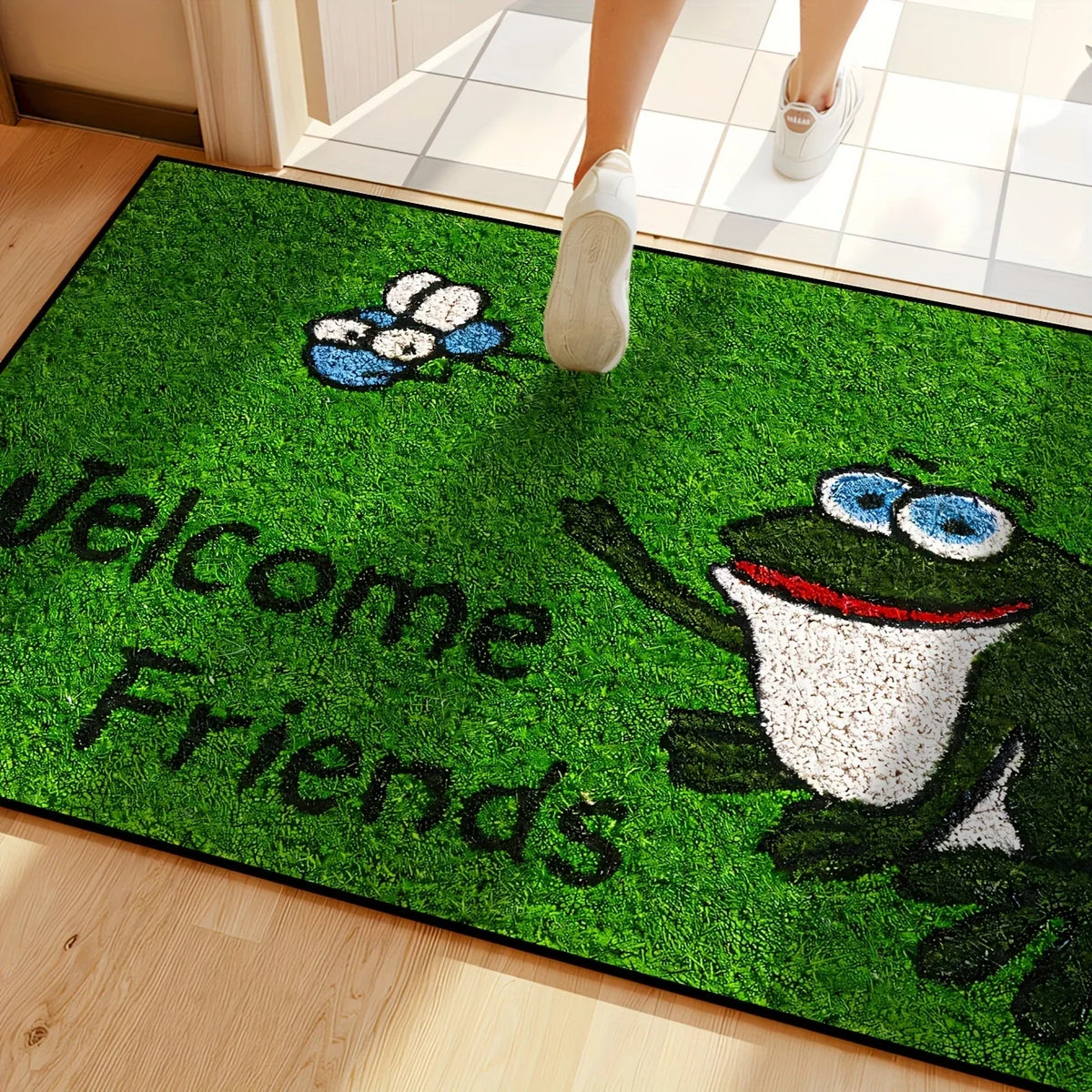 Cartoon Frog Outdoor Doormat, Green Polyester Welcome Mat, Fade-Resistant Machine-Made Rug in 40×60, 50×80 or 60×90 cm - product view 2