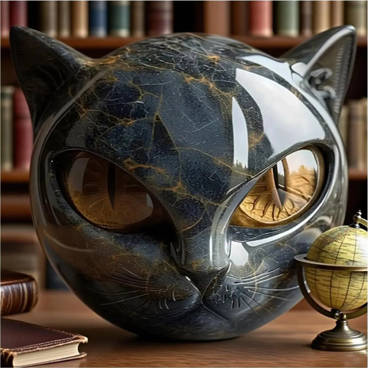 Decorative Black Cat Figurine, Resin Marble-Texture Cat Head Ornament, 8 x 8 cm Keepsake Gift for Desk or Home - product view 3