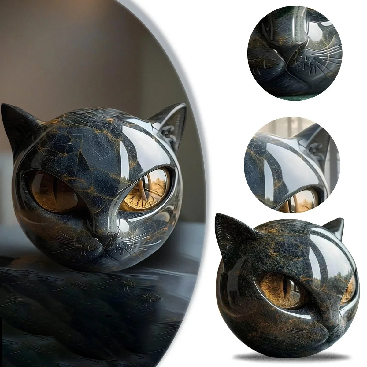 Decorative Black Cat Figurine, Resin Marble-Texture Cat Head Ornament, 8 x 8 cm Keepsake Gift for Desk or Home - product view 6