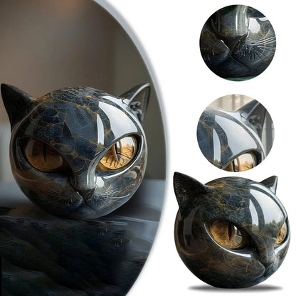 Decorative Black Cat Figurine, Resin Marble-Texture Cat Head Ornament, 8 x 8 cm Keepsake Gift for Desk or Home - product view 6