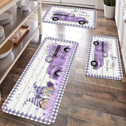 Anti-Fatigue Kitchen Mat, Printed Lavender Truck Gnome Design, Non-Slip Machine-Made Polyester Runner for Home and Indoor Floors - product view 3