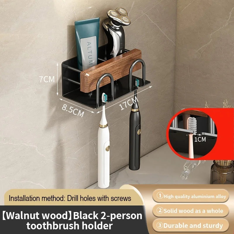 Wood and Aluminum Wall-Mounted Toothbrush Rack, Screw-Drill Installation, 2, 3 or 4 Racks, Black or White - product view 1