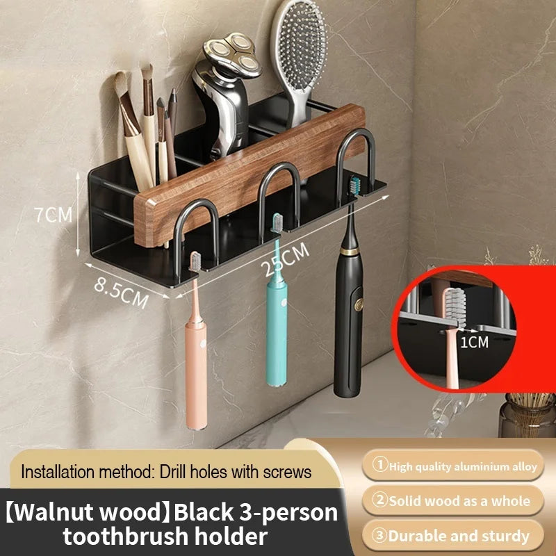 Wood and Aluminum Wall-Mounted Toothbrush Rack, Screw-Drill Installation, 2, 3 or 4 Racks, Black or White - product view 2