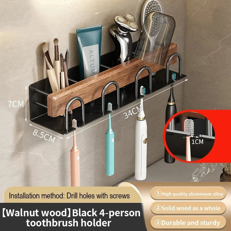 Wood and Aluminum Wall-Mounted Toothbrush Rack, Screw-Drill Installation, 2, 3 or 4 Racks, Black or White - product view 3