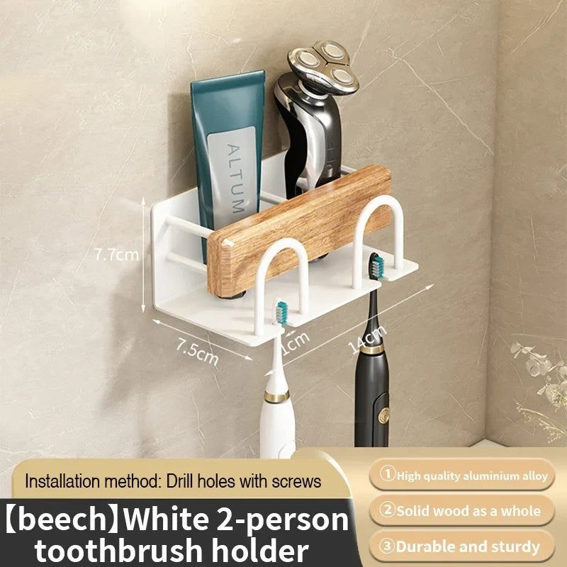 Wood and Aluminum Wall-Mounted Toothbrush Rack, Screw-Drill Installation, 2, 3 or 4 Racks, Black or White - product view 4