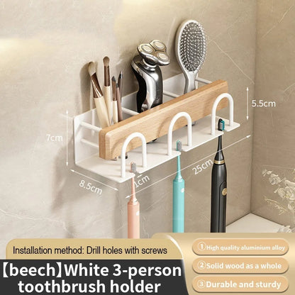 Wood and Aluminum Wall-Mounted Toothbrush Rack, Screw-Drill Installation, 2, 3 or 4 Racks, Black or White - product view 5