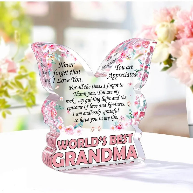 Butterfly Grandma Plaque, Clear Plastic Heartfelt Gift from Granddaughter for Mother's Day and Christmas - product view 3