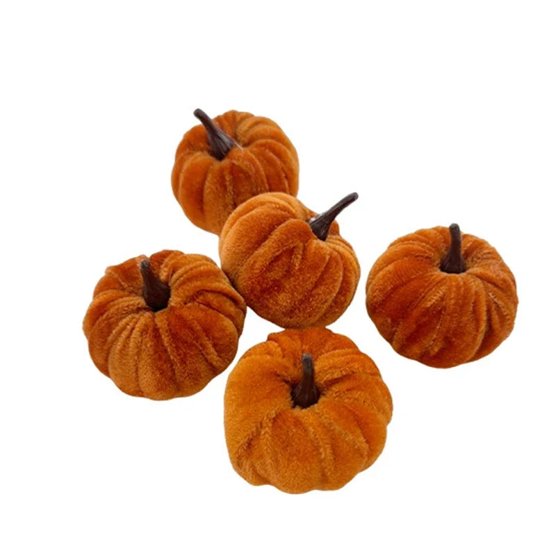 5-Piece Artificial Halloween Pumpkin Set, 5 cm Textile Fabric Desktop Ornaments, Deep Orange, Yellow, White, Black or Brown - product view 1