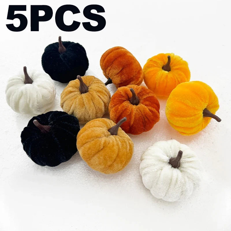 5-Piece Artificial Halloween Pumpkin Set, 5 cm Textile Fabric Desktop Ornaments, Deep Orange, Yellow, White, Black or Brown - product view 6