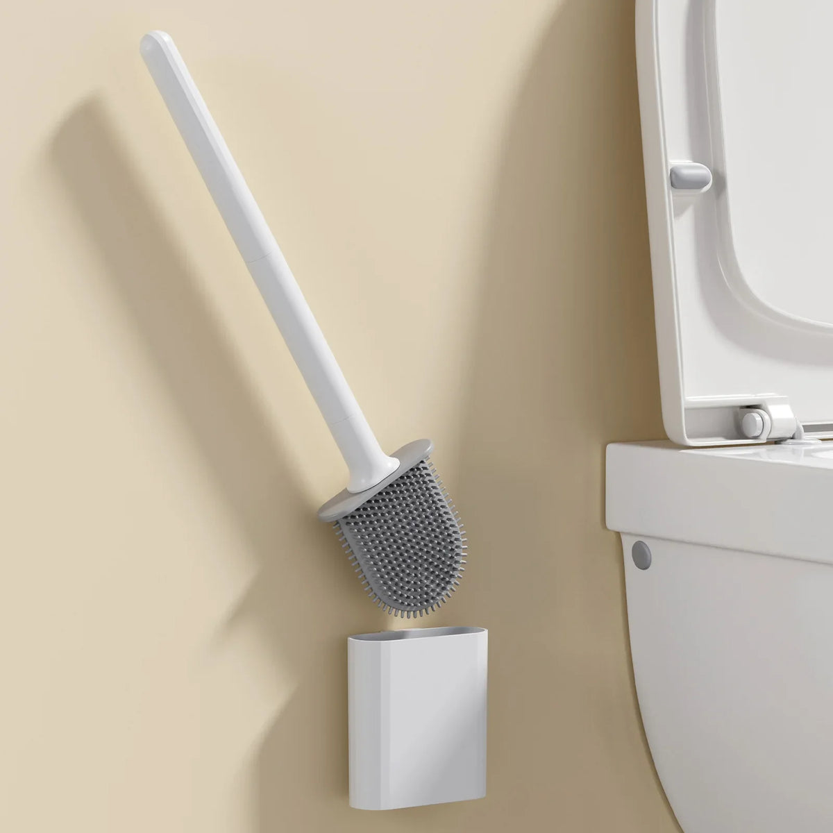 Silicone Toilet Brush with Holder, Rectangular Plastic Bathroom Brush, Flat Head, Quick-Drying Storage, White or Black - product view 5
