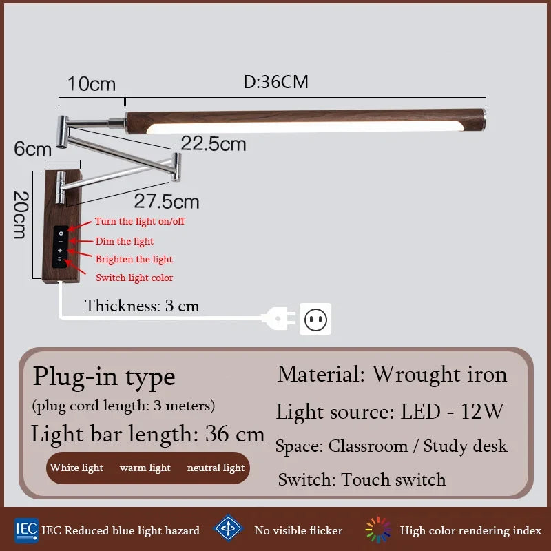 Plug-In Swing Arm Wall Sconce, Dimmable LED Bulb, Iron Japanese-Style Bedroom, Foyer or Study Lighting - product view 1