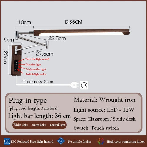 Plug-In Swing Arm Wall Sconce, Dimmable LED Bulb, Iron Japanese-Style Bedroom, Foyer or Study Lighting - product view 1