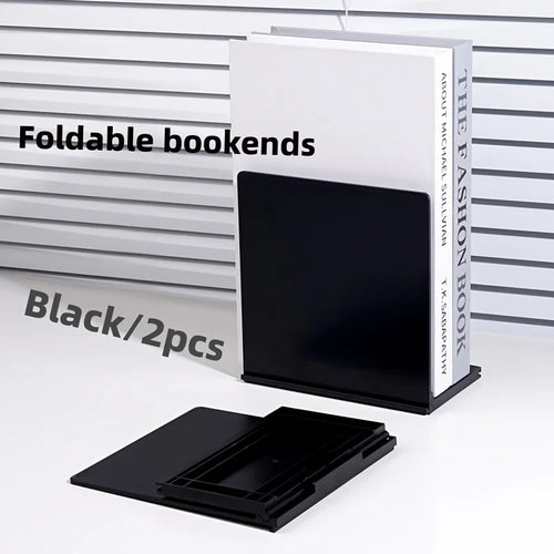 Foldable L-Shaped Bookends with Dividers, Portable Plastic Book Organization for Home Office, Black - product view 1