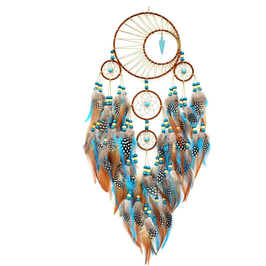 Bohemian Turquoise Dream Catcher Wall Hanging, Handmade Feather and Bead Circles, Organic Material Home Décor Accent - product view 1